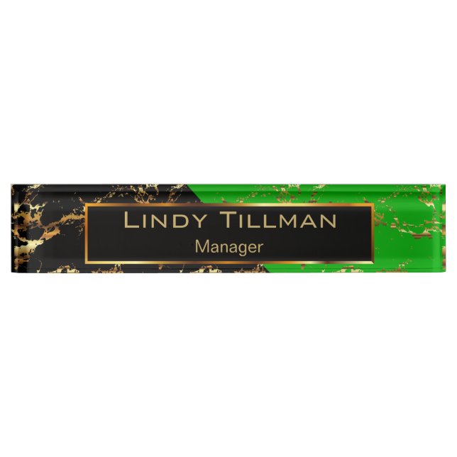 Lime Green, Black and Gold Marble Design Desk Name Plate (Front)