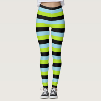 Lime Green, Black and Pastel Blue Stripes Leggings