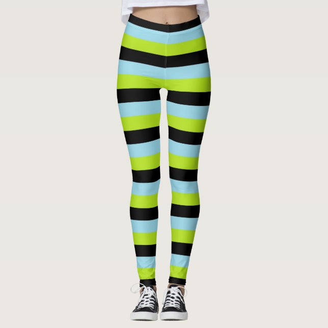 Lime Green, Black and Pastel Blue Stripes Leggings (Front)