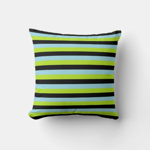 Lime Green Black and Pastel Blue Stripes Throw Pillow