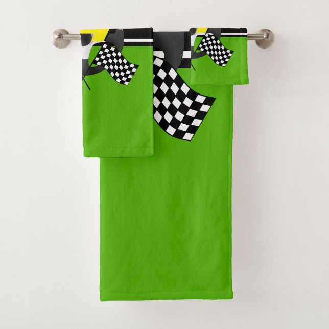 Lime Green, Black and White Checkered Racing 🏎   Bath Towel Set (Insitu)