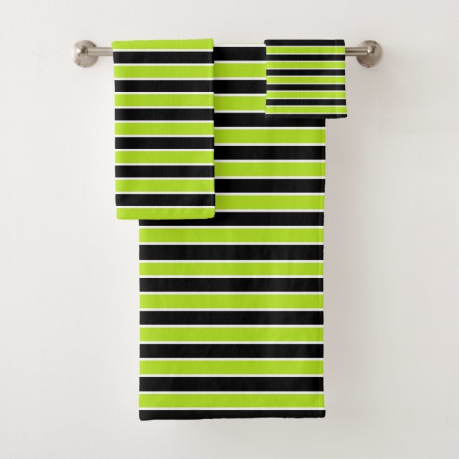 Lime Green, Black and White Stripes Bath Towel Set (Insitu)