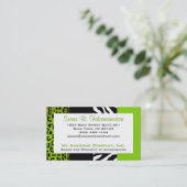 Lime Green & Black Animal Print Zebra and Leopard Business Card (Standing Front)