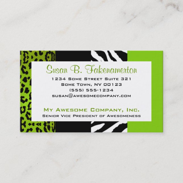 Lime Green & Black Animal Print Zebra and Leopard Business Card (Front)