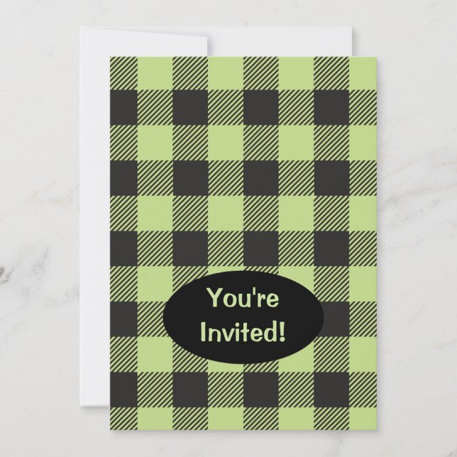 Lime Green Black Buffalo Plaid Check Trendy Invitation (Front)