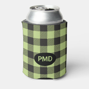 Lime Green Black Buffalo Plaid Monogram Initials Can Cooler