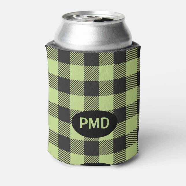 Lime Green Black Buffalo Plaid Monogram Initials Can Cooler (Can Back)