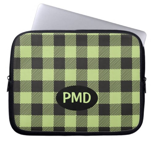 Lime Green Black Buffalo Plaid Monogram Initials Laptop Sleeve