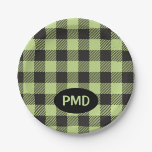 Lime Green Black Buffalo Plaid Monogram Initials Paper Plates
