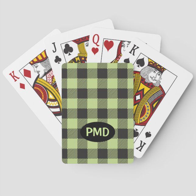 Lime Green Black Buffalo Plaid Monogram Initials Poker Cards (Back)