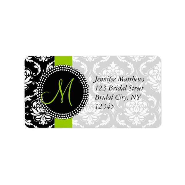 Lime Green Black Damask Address Labels for Wedding (Front)