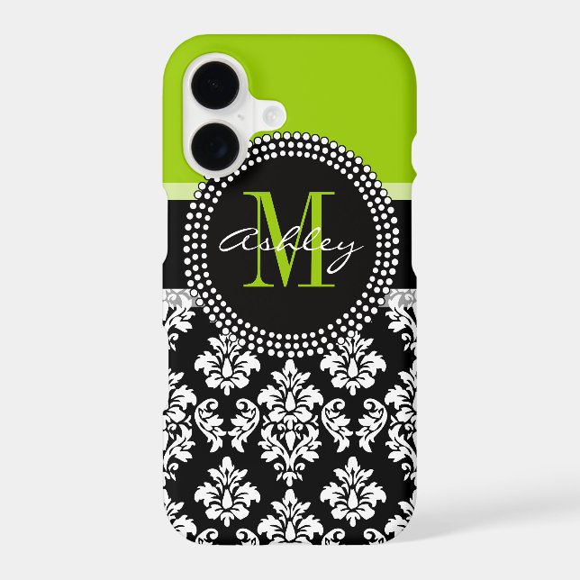 Lime Green Black Damask Pattern Monogrammed Iphone Case (Back)