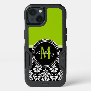 Lime Green Black Damask Pattern Monogrammed iPhone 13 Case