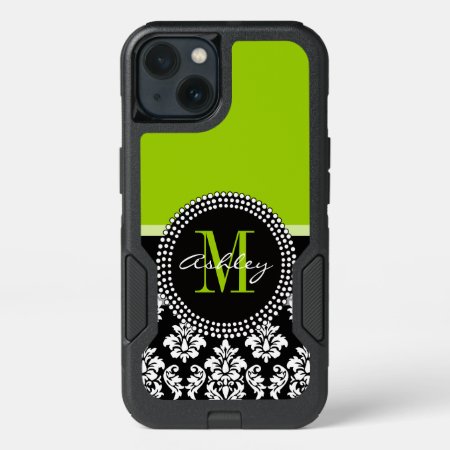 Lime Green Black Damask Pattern Monogrammed Iphone 13 Case