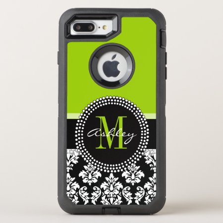 Lime Green Black Damask Pattern Monogrammed Otterbox Defender Iphone 8