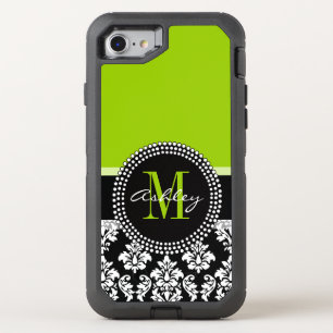 Lime Green Black Damask Pattern Monogrammed OtterBox Defender iPhone SE/8/7 Case