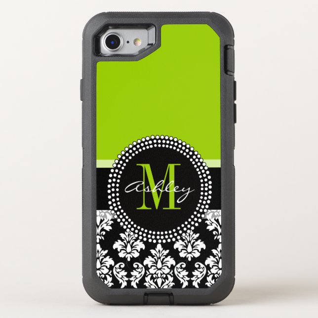 Lime Green Black Damask Pattern Monogrammed Otterbox iPhone Case (Back)