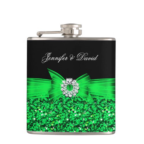 Lime Green Black Diamond Wedding Engagement Hip Flask