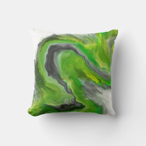 Lime Green Black Gray Jewel Tone Fluid Art Swirl Throw Pillow