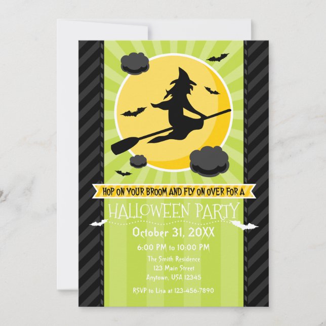 Lime Green Black Gray Witch Halloween Invitation (Front)