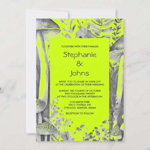 Lime Green Black Grey Mushroom Woodland Wedding Invitation