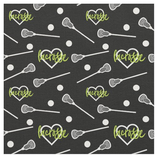 Lime Green Black Lacrosse Sticks & Hearts Pattern Fabric