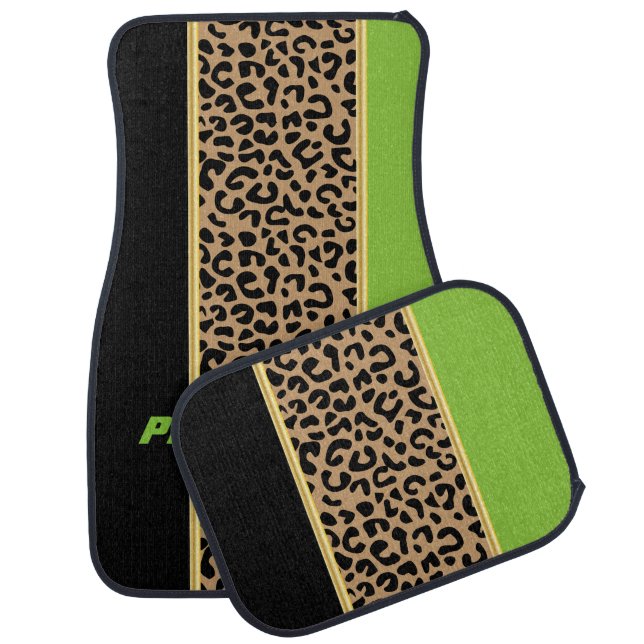 Lime Green & Black Leopard Animal Print Car Floor Mat (Set)