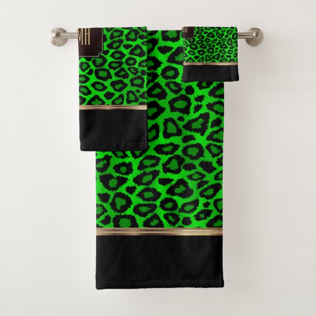 Lime Green & Black Leopard Pattern with Monogram Bath Towel Set (Insitu)
