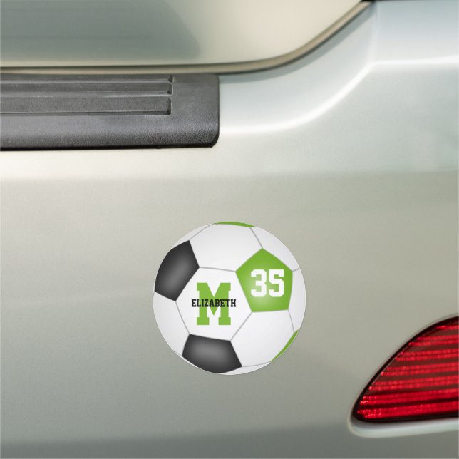 lime green black personalized soccer gifts car magnet (In Situ)