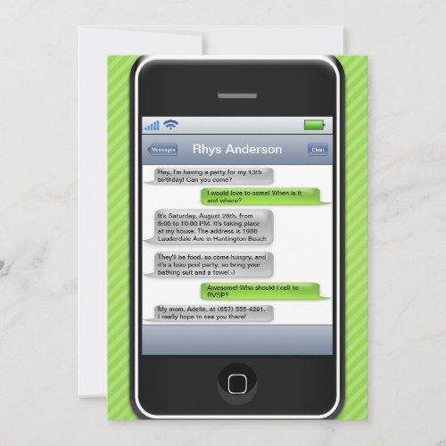 Lime Green/Black Smart Phone iParty Birthday Party Personalized Invites