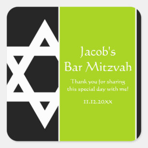 Lime Green Black Star of David Bar Mitzvah Favor Square Sticker