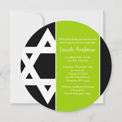 Lime Green Black Star of David Round Bar Mitzvah Invitation