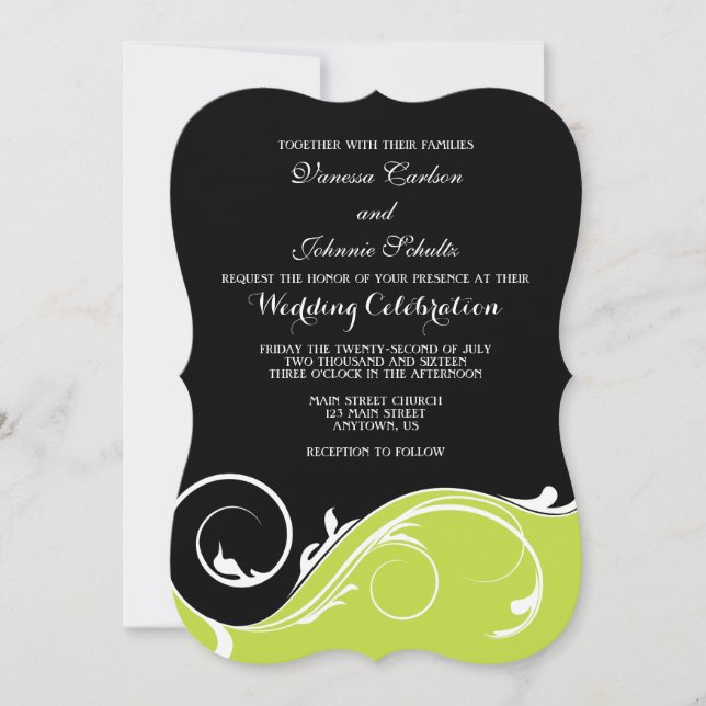 Lime Green Black Swirl Bracket Wedding Invites (Front)