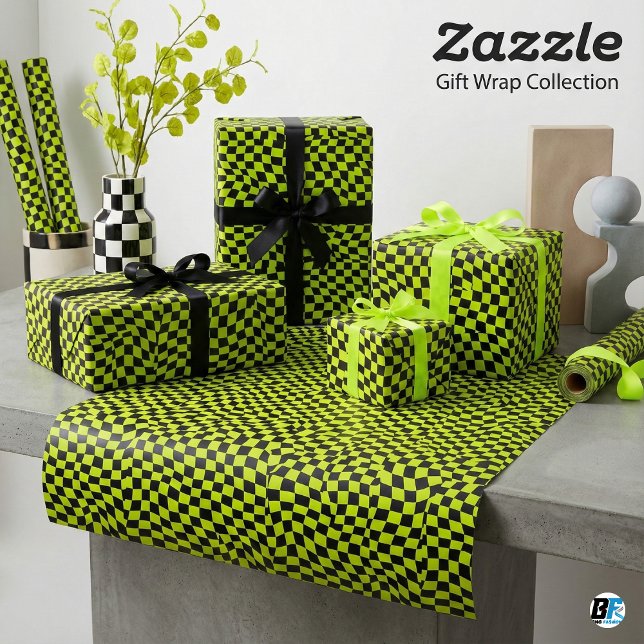 Lime Green Black Warped Checkerboard Trippy Patter Wrapping Paper (Creator Uploaded)