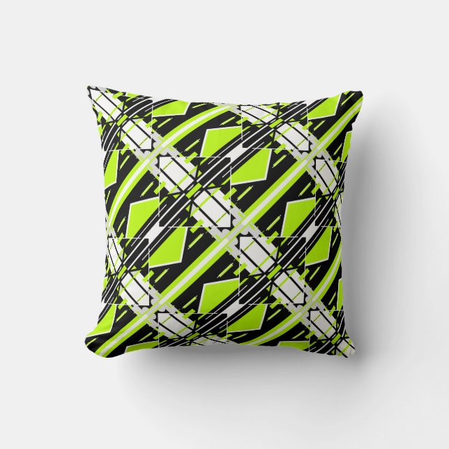 Lime Green Black White Diagonal Geometric Design Throw Pillow (Front)