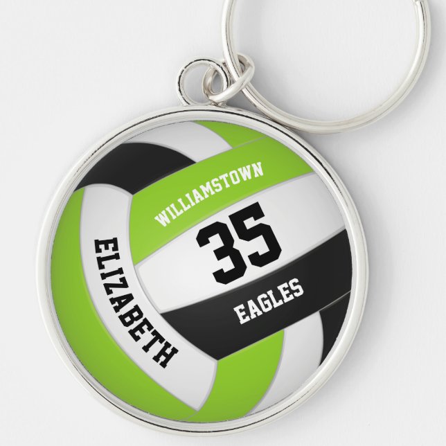 lime green black white team name volleyball keychain (Front)
