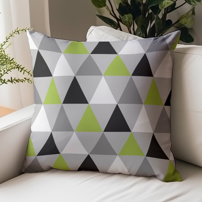 Lime Green, Black, White Triangles on Light Gray Throw Pillow (Creator Uploaded)