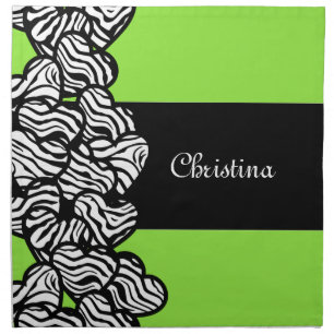 Lime green black white zebra pattern heart name cloth napkin
