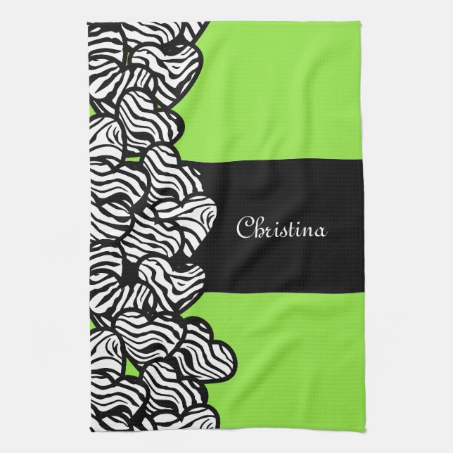Lime green black white zebra pattern heart name  kitchen towel (Vertical)