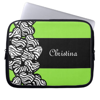 Lime green black white zebra pattern heart name laptop sleeve