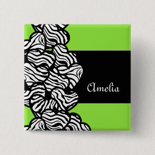 Lime green black white zebra pattern heart name pinback button