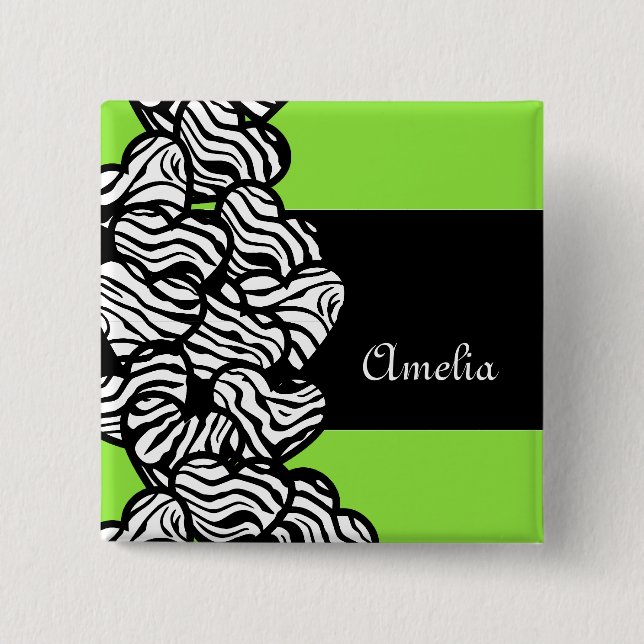 Lime green black white zebra pattern heart name  pinback button (Front)