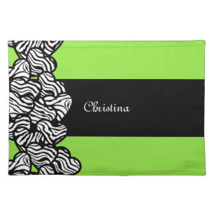 Lime green black white zebra pattern heart name placemat