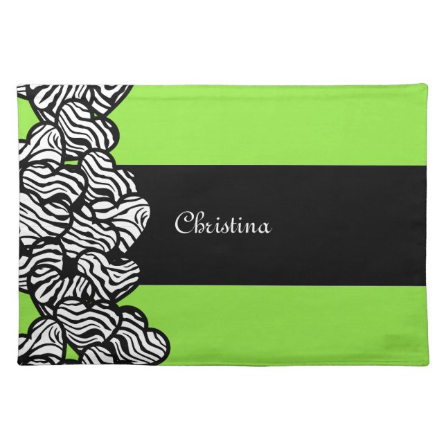 Lime green black white zebra pattern heart name  placemat (Front)