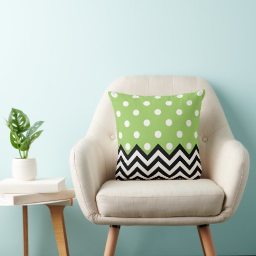 Lime Green Black White Zigzag Polkadots Pattern Throw Pillow