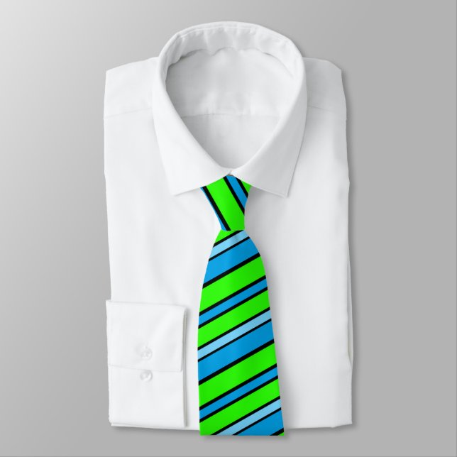 Lime Green, Blue, Black Diagonal Stripes Men's Neck Tie (Tied)
