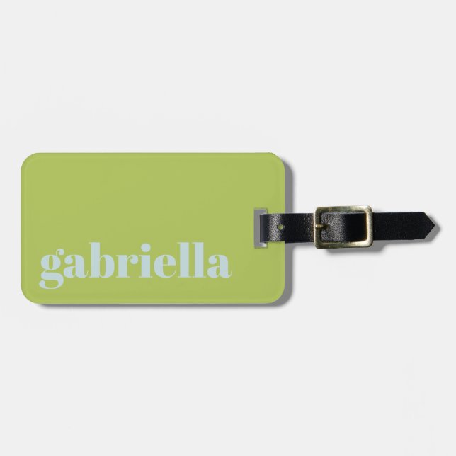 Lime Green Blue Bold Typography Personalized Name  Luggage Tag (Front Horizontal)