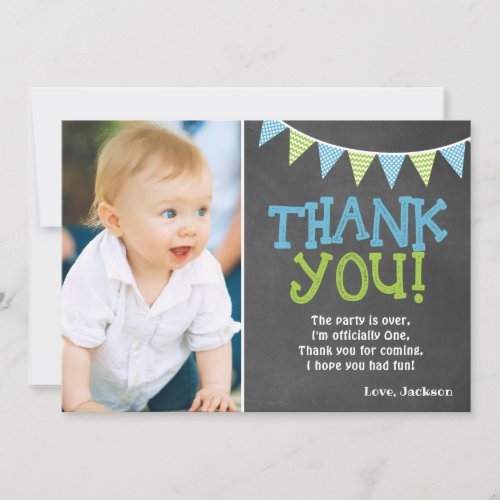 Lime Green  Blue Chalkboard Boy First Birthday Thank You Card