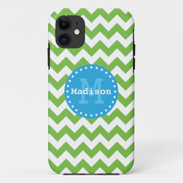 Lime Green Blue Chevron Zigzag Monogram Case-Mate iPhone Case (Back)
