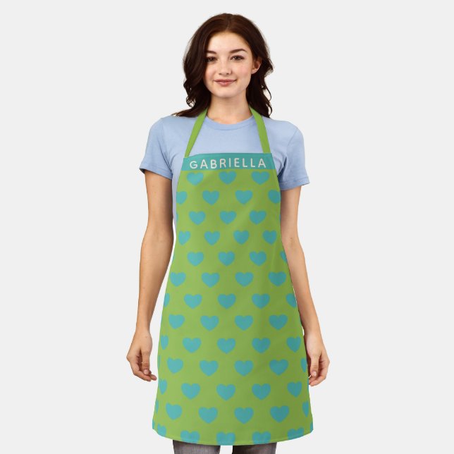 Lime Green Blue Cute Heart Pattern Personalized Apron (Worn)